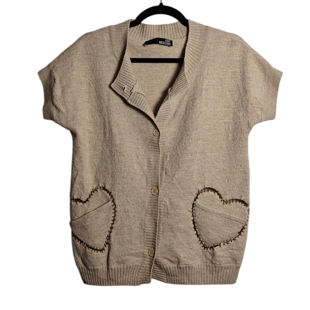 LOVE MOSCHINO 100% Wool Tan Short Sleeve Cardigan with Heart Pockets Size Small